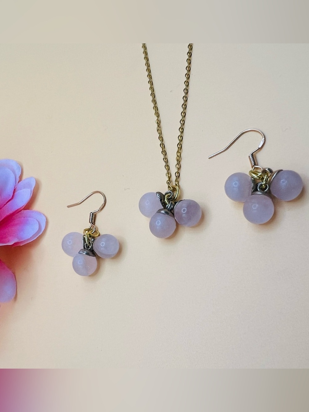 Rose Quartz Bead Cluster Necklace & Earrings Set gold plated